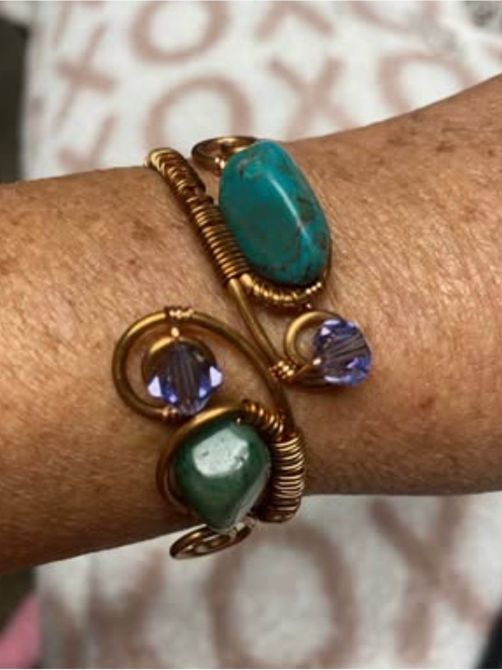Beautiful Stones and Swarovski Crystals Wire Wrapped Cuff Bracelet